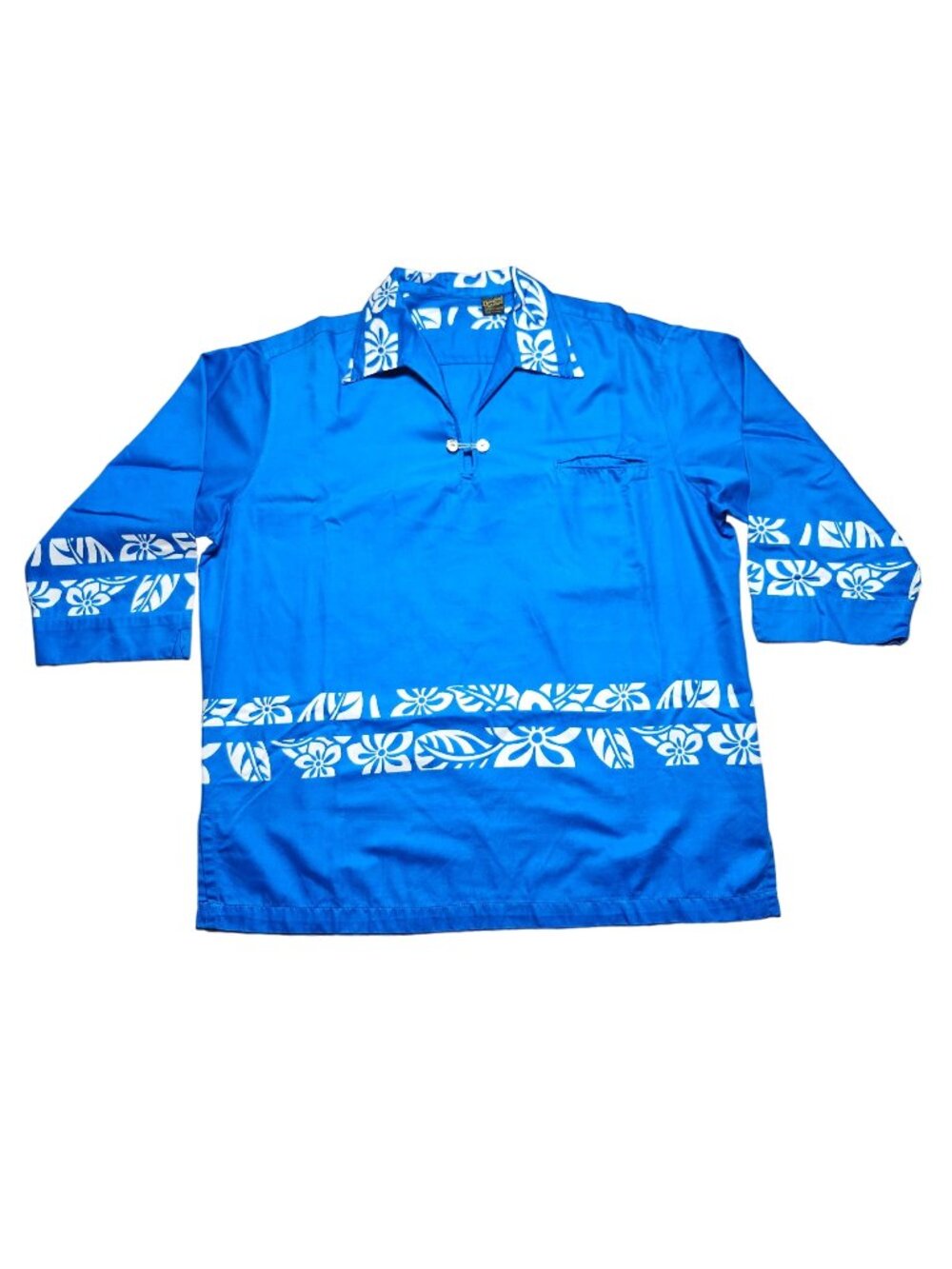 Vintage Hawaiian Holiday Aloha Shirt 3/4 Sleeve Blue With White Floral Design Ma